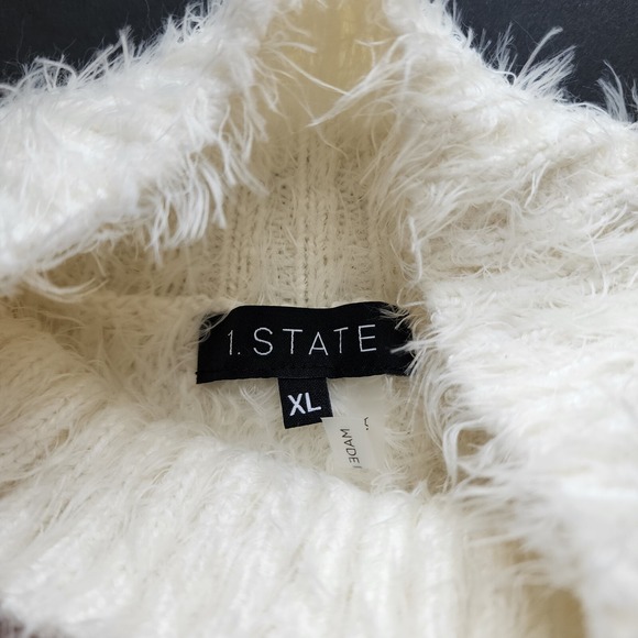 1 STATE XL White EYELASH Mock Neck SHAGGY Black WHIPSTITCH Cropped Sweater - Picture 4 of 10